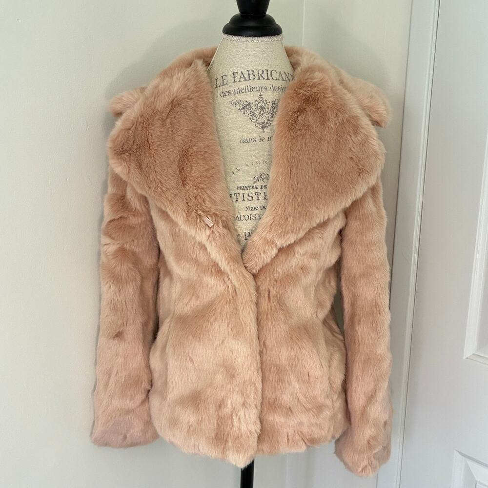Oasis Rose Blush Pink Taupe Faux Fur Holiday Party Coat Womens Size XS